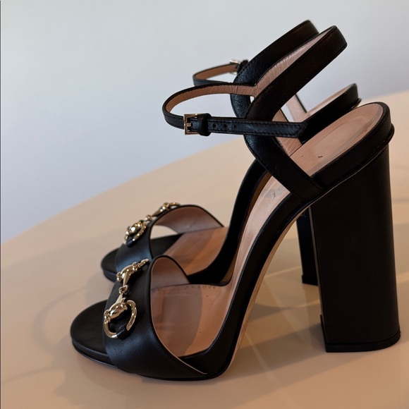 Gucci Miro Black Leather Silver Horsebit Strap Block Heels EU 37.5 US 7.5 Shoes - Picture 4 of 7
